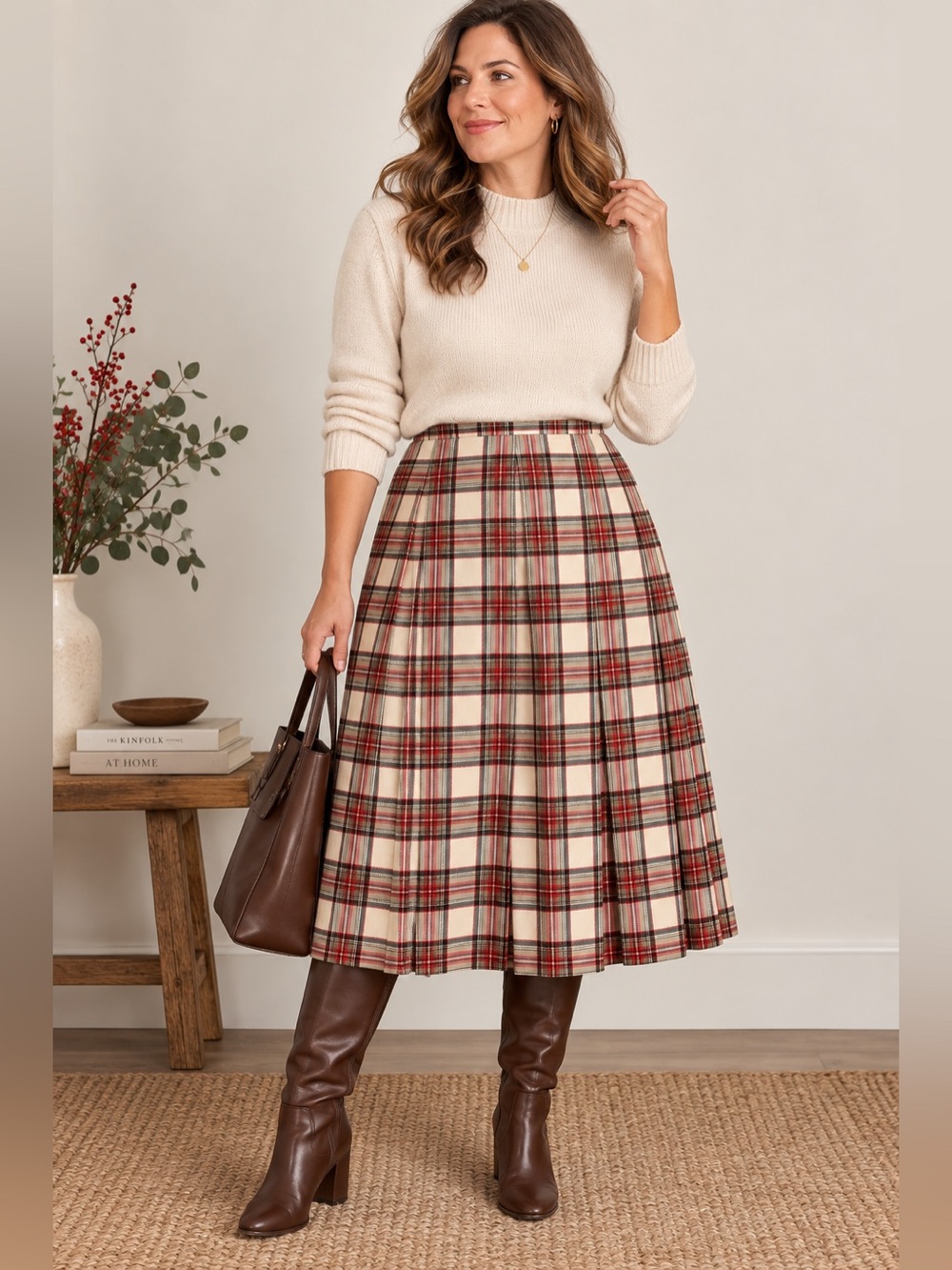 Vintage Pendelton 100% Wool Pleated Midi Skirt Cream Red Tartan Plaid 16